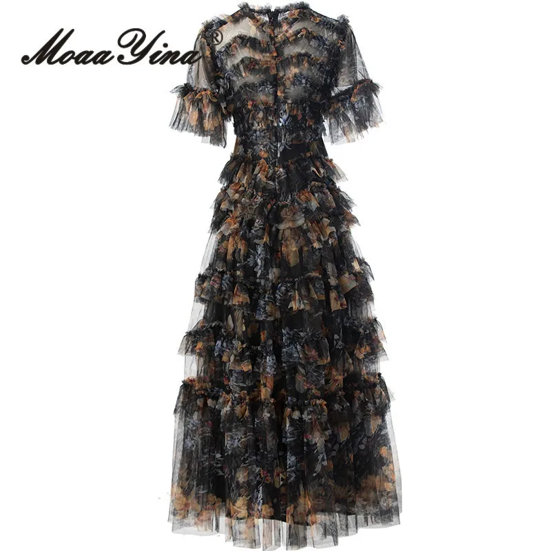 MoaaYina Summer High Quality New Arrivals Women Dress Floral Print Net Yarn Temperament Flutter Cascading Ruffle Elegant Dresses