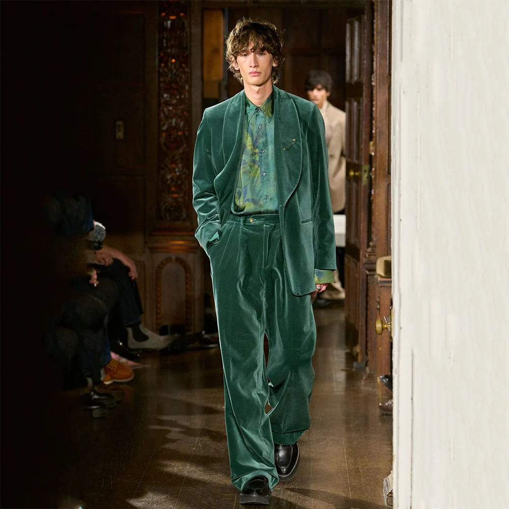 

Chic Green Men's Suits Shawl Lapel One-Button Fashion Tuxedos 2 Piecces Jacket Pant Sets Male Banquet Clothing Fashion Blazer