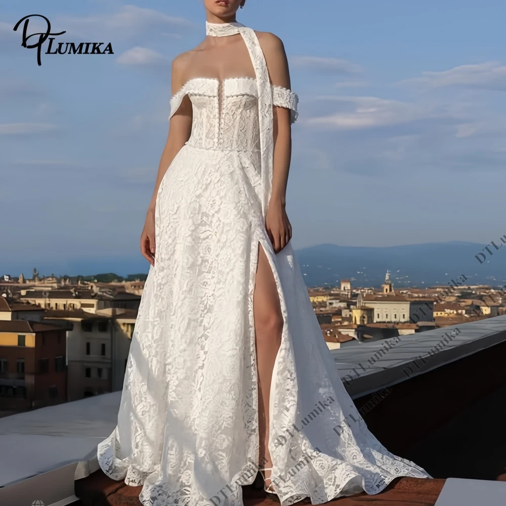 DTLumika 2026 Summer New Lace Bride Dress with Scarf Neck Off Shoulder A Line Long Beach Wedding Dresses Customized Bridal Gown
