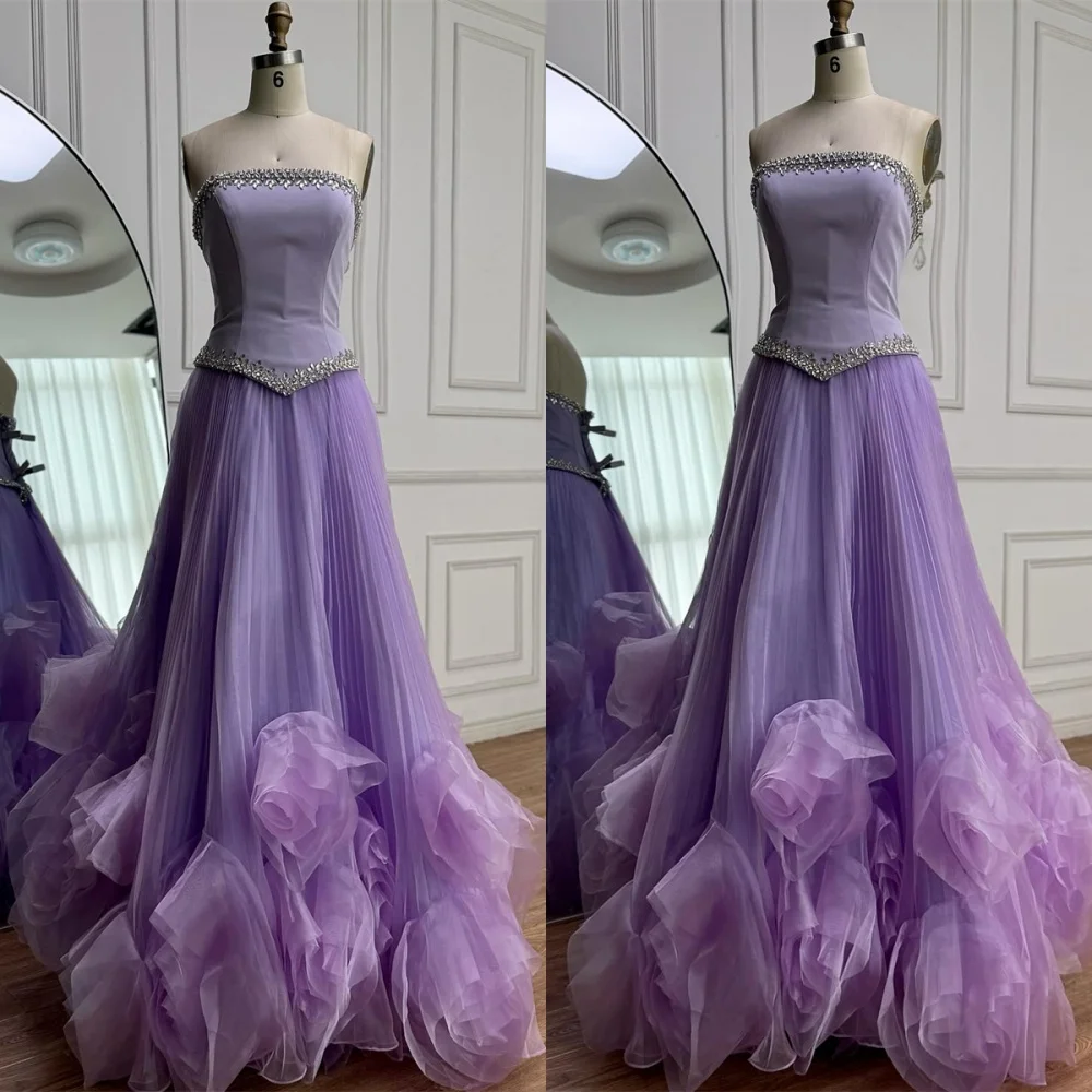 

Customized Elegant Light Purple Organza Evening Dress Delicate Strapless Zipper Back Crystal Flowers Special Occasion Gowns