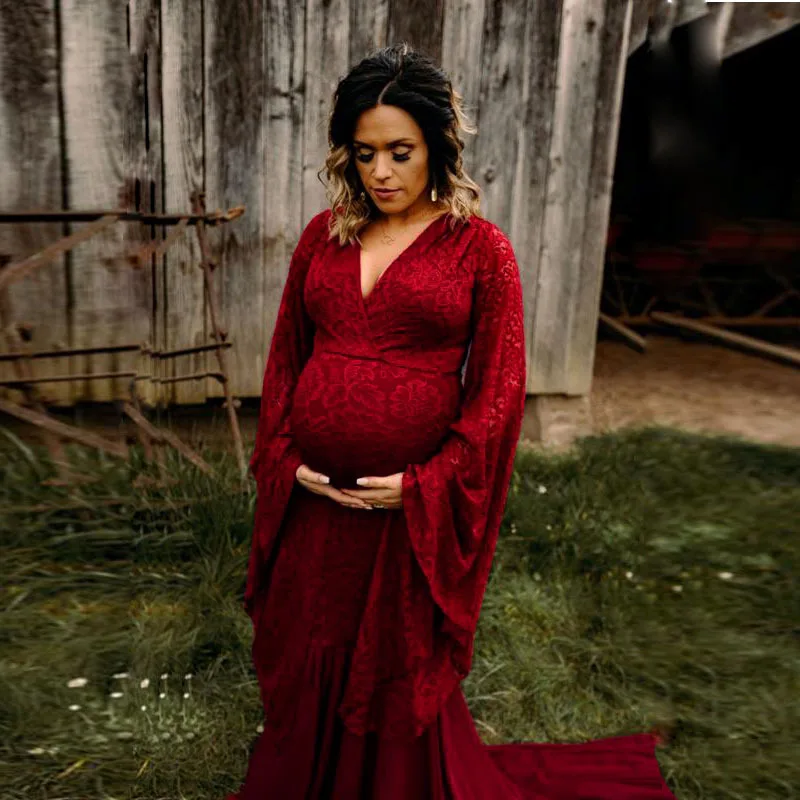 European and American Women's Clothing V-Neck Flared Long Lace Extra-Long Train Maternity Flowy Maxi Dress Photography Dress