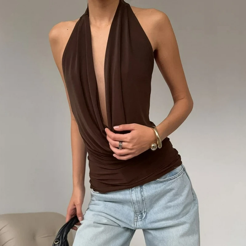 

Sexy Hot Girl Style Low-cut Halter-neck Sleeveless Tank Top for Women Summer Fashionable High-end French Niche Slimming Design
