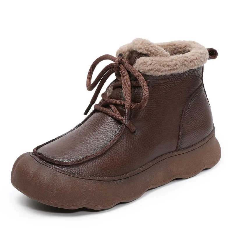 DRKANOL Retro Style Women Snow Boots Winter Fluffy Plush Warm Flat Chunky Platform Genuine Leather Cotton Ankle Boots For Women