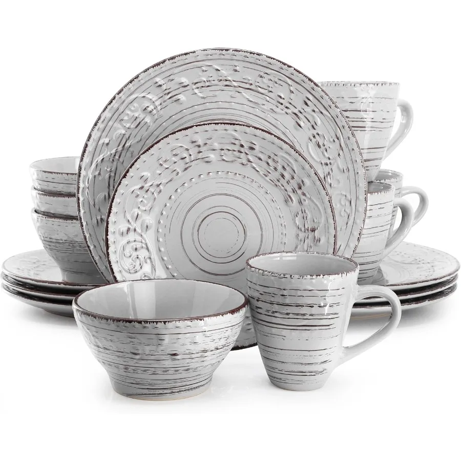 

Malibu Calcite 16Piece Stoneware Embossed Pattern Reactive Glaze Light Gray Dinnerware Set for Home Dining Tables Elegant Serve