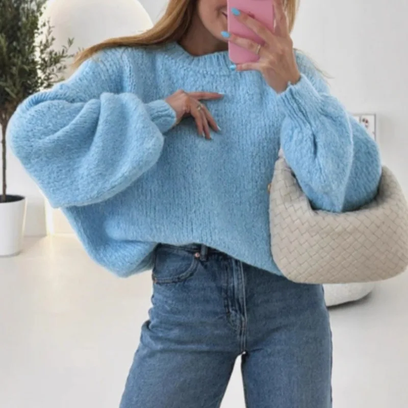 

2025 Autumn and Winter Women's Loose Lantern Sleeve Sweater Round Collar Pullover Solid Color Knitted Sweater