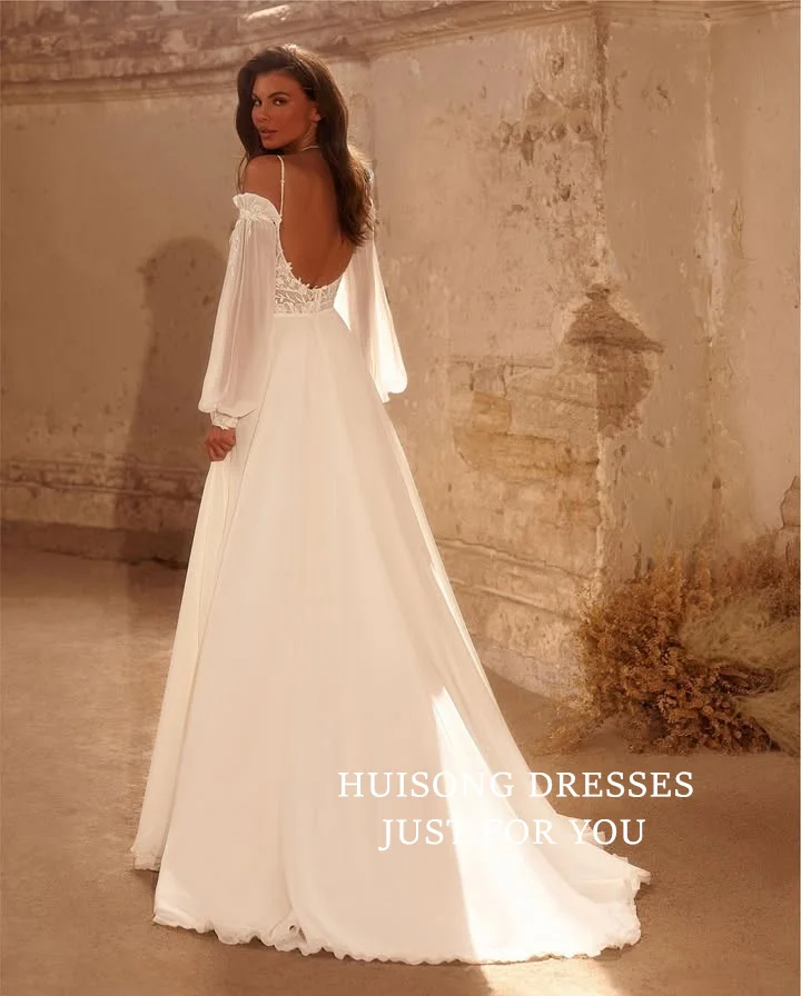 HUISONG Suknie ślubne w stylu boho z szyfonu, z koronkowymi aplikacjami, długie rękawy, dekolt w serce, fason A-line, sukienka dla panny młodej na plażę, szyta na miarę.