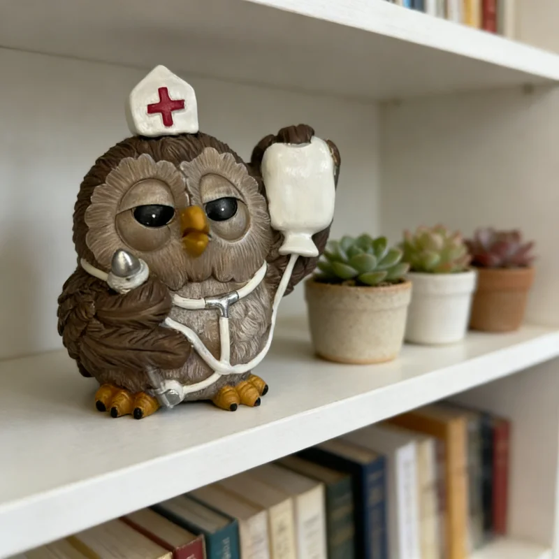 Ornement en résine Hibou Infirmière avec seringue et stéthoscope, Décoration d'intérieur fantaisie style santé