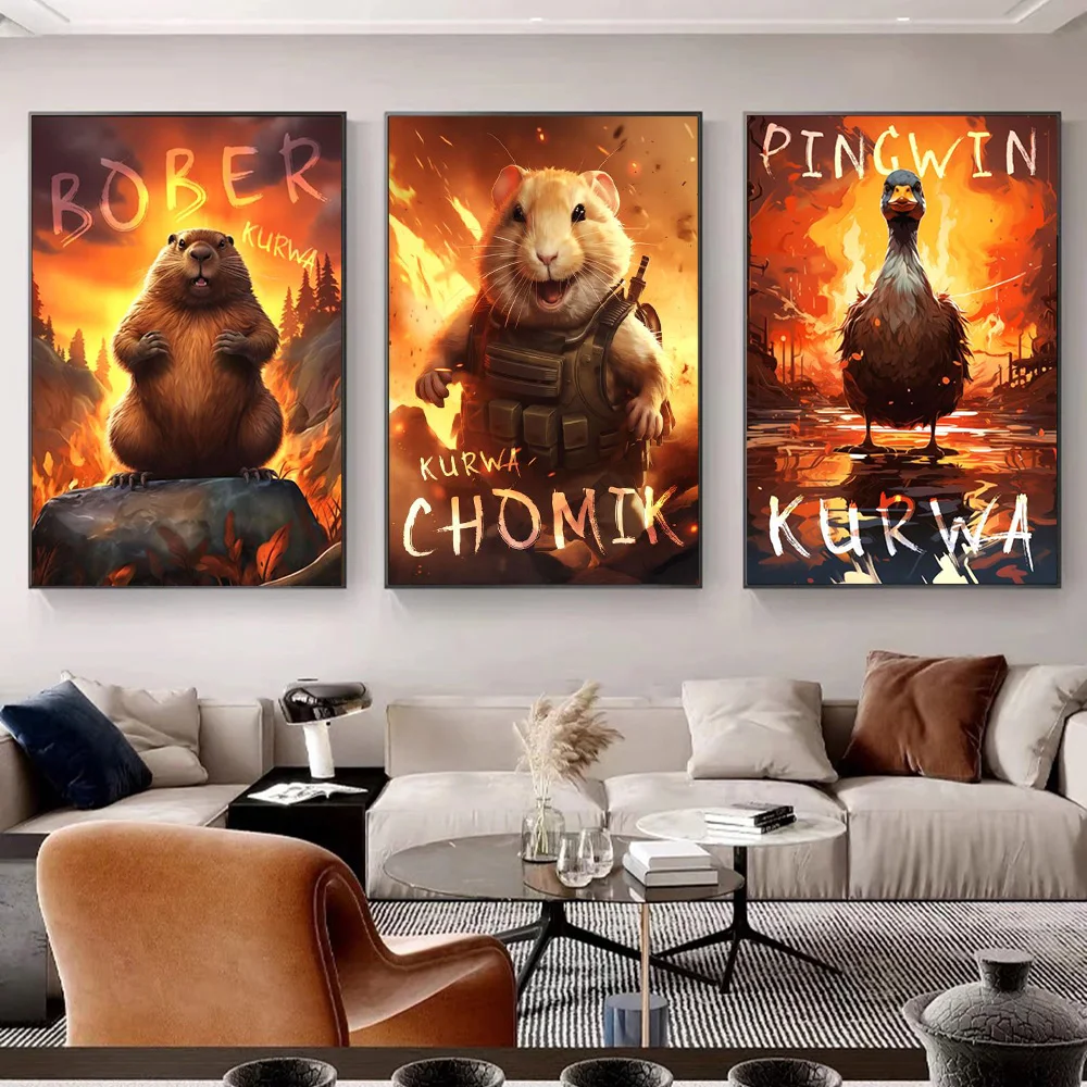 Funny War Duck Hamster Groundhog Burning Red Fire Cartoon Canvas Painting Animals Posters Prints Living Room Home Decor Cuadros