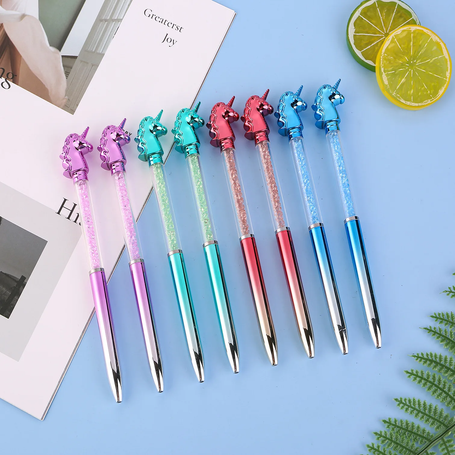 10Pcs/Lot Kawaii Unicorn Ballpoint Pen 0.7mm Blue Ink Creative Metal Imitation Crystal Signature Pens School Office Stationery