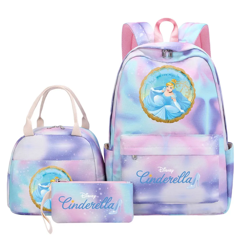 Cinderella Princess Girl Kids Pen Lunch Bags Rainbow Galaxy Bookbag 3Pcs Teenagers Schoolbags Travel Laptop Backpack