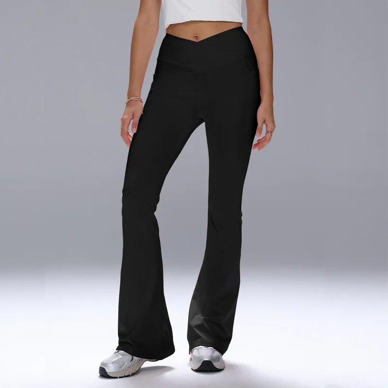 Damskie legginsy z rozszerzanymi nogawkami, krzyżowany pas, spodnie do ćwiczeń na siłowni, fitness, na co dzień, spodnie do jogi, marszczone legginsy sportowe z kieszeniami.