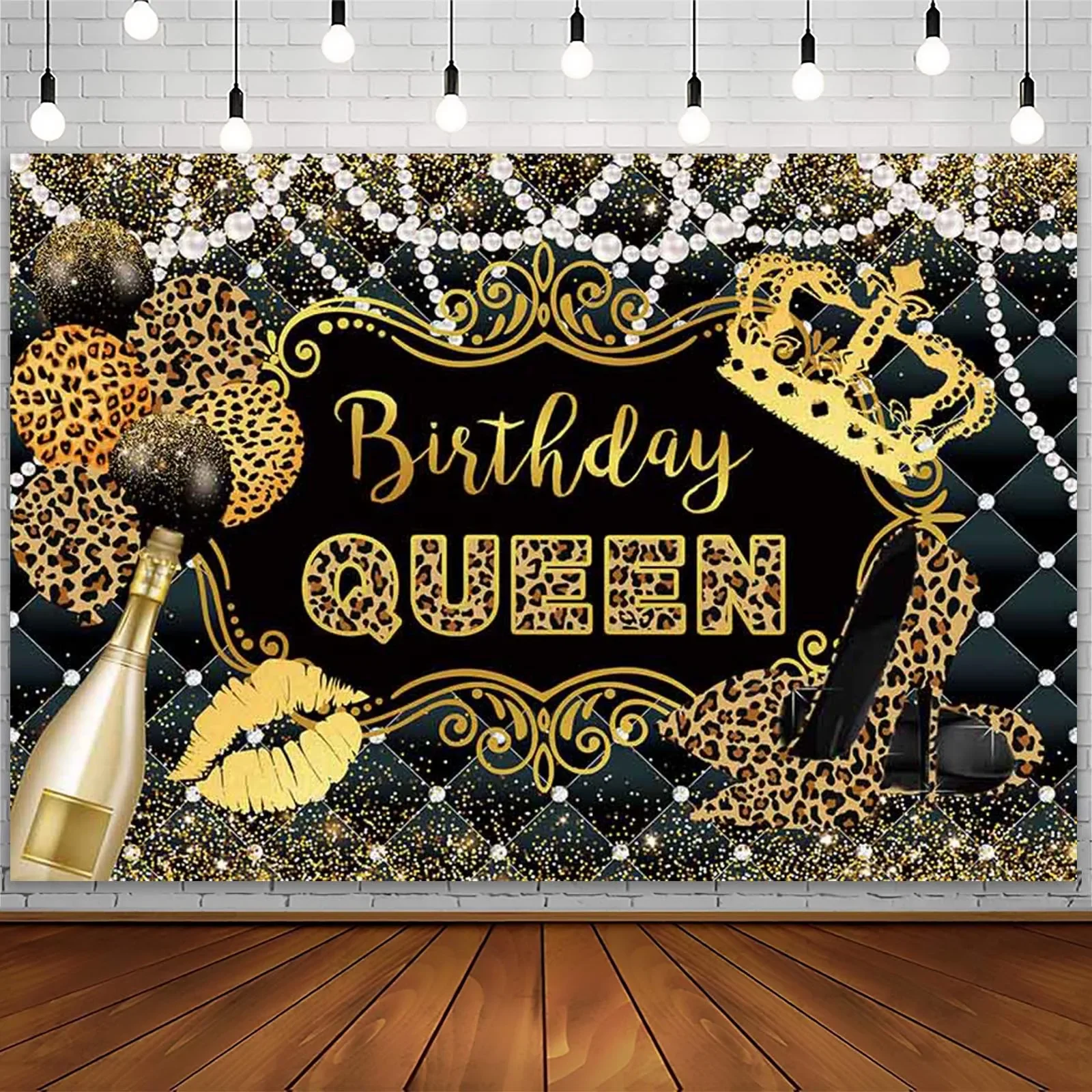 Girl Woman Birthday Party Backdrop Champagne Leopard Theme Black Gold Diamond Balloon Party Decor Banner Photography Background