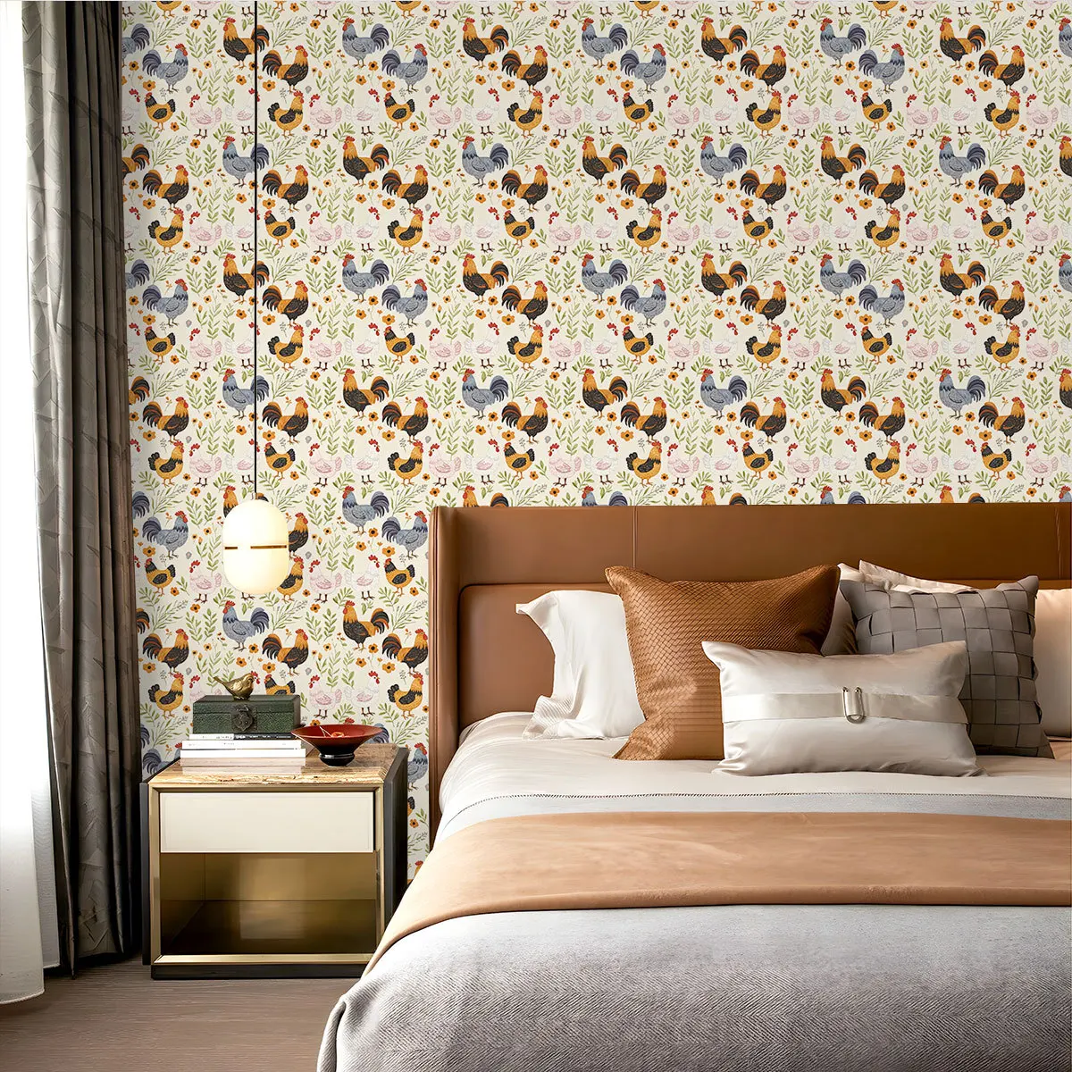 Farmhouse Chicken Floral Peel and Stick Wallpaper Rooster Hen Self Adhesive Removable Contact Paper for Kitchen Cabinets Bedroom