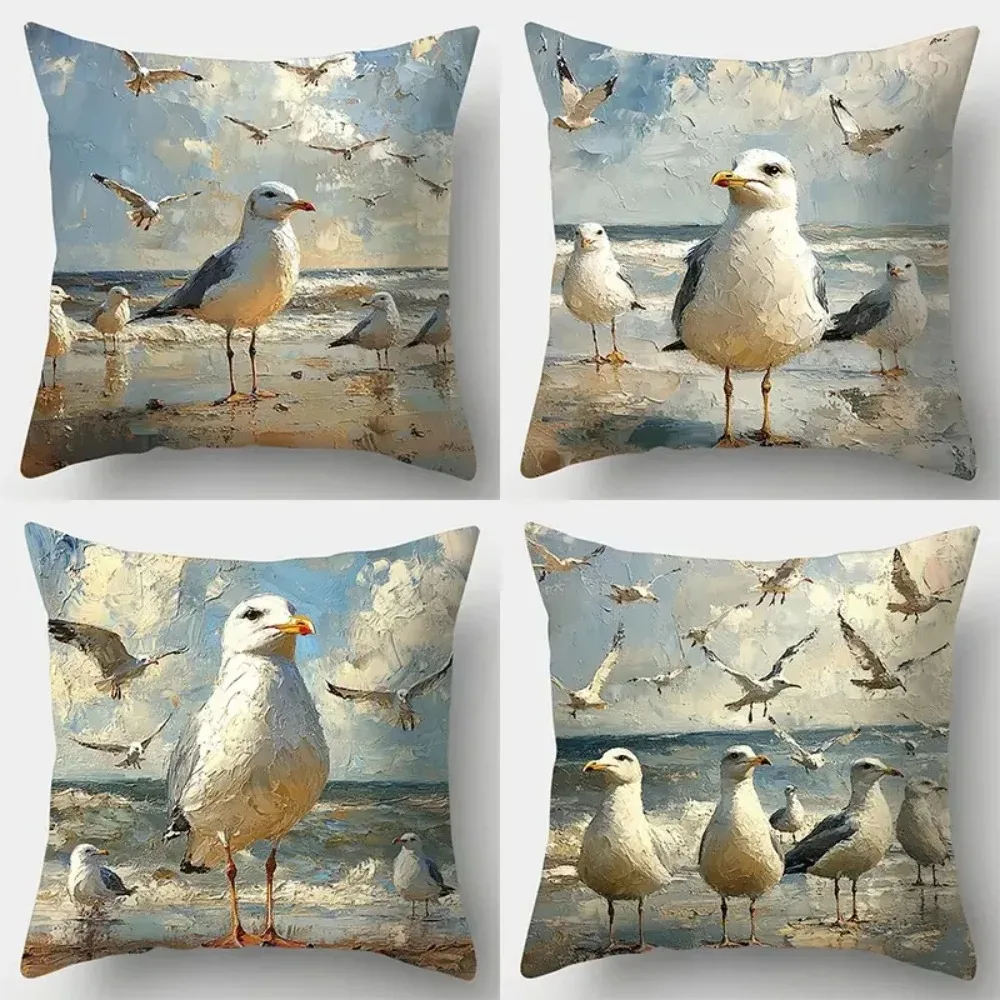 Home Decor Seagulls On Beach Coastal Art Pillow Covers Pattern Cushion Cover Suitable For Sofa Bedroom Car Pillow Cover