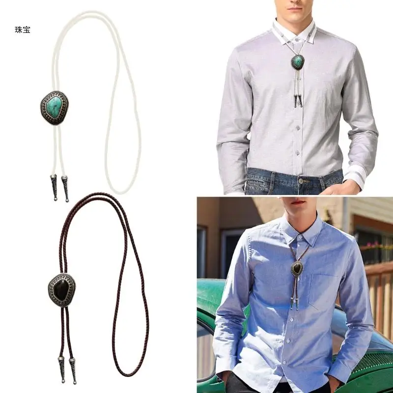 X5QE Denims Tie Turquoises Bolo Tie Western Vintage Bolo Tie Local Bolo Tie Men Accessories