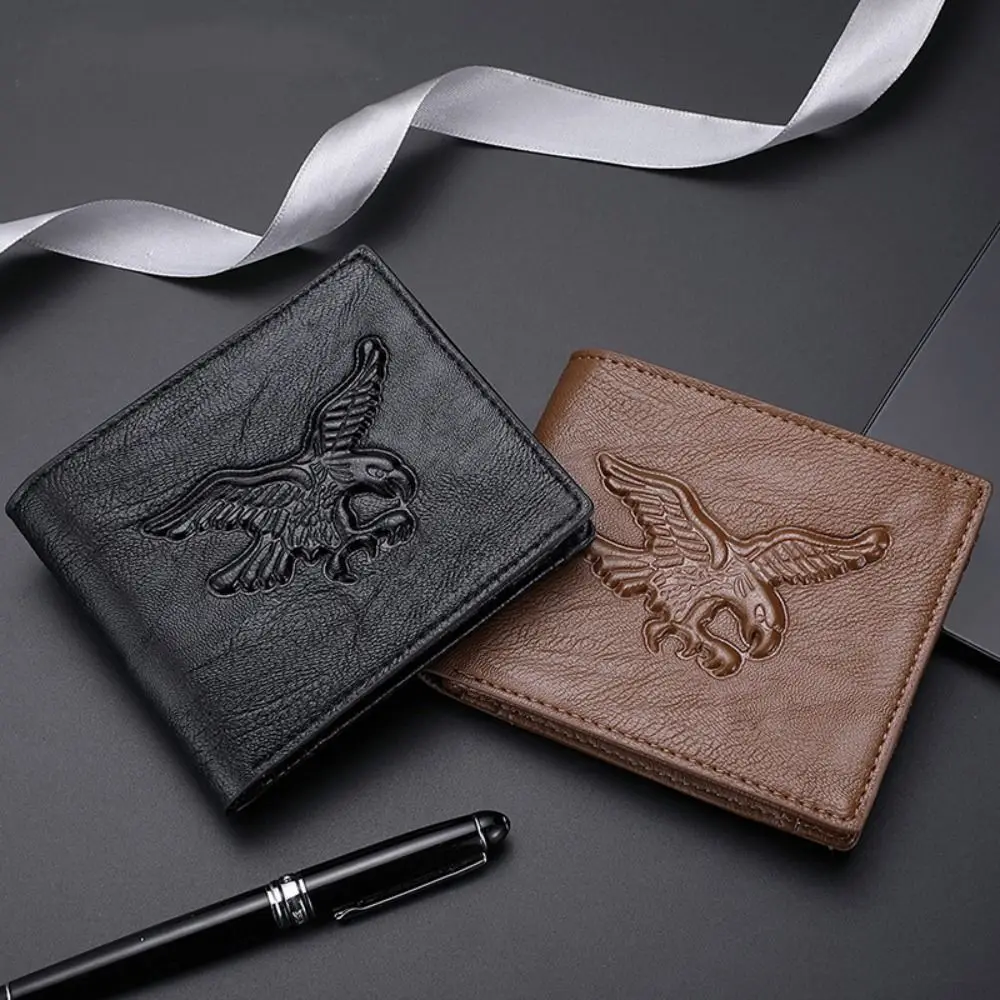 Cool PU Leather Men Short Wallet Black Grey Brown 3D Eagle Relief Pattern Leather Designer Wallet Credit Card Holders Men