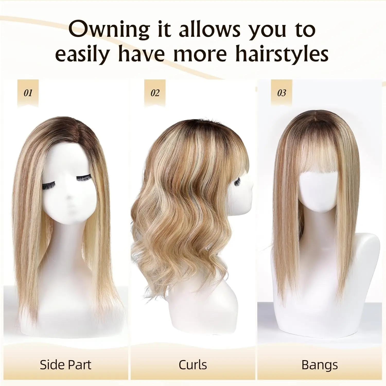 أومبير براون مختلط شعر بشري أشقر للنساء 9 "× 9" قاعدة مساحة كبيرة 16 بوصة قطع شعر مع مشابك متعددة غير قابلة للانزلاق #3