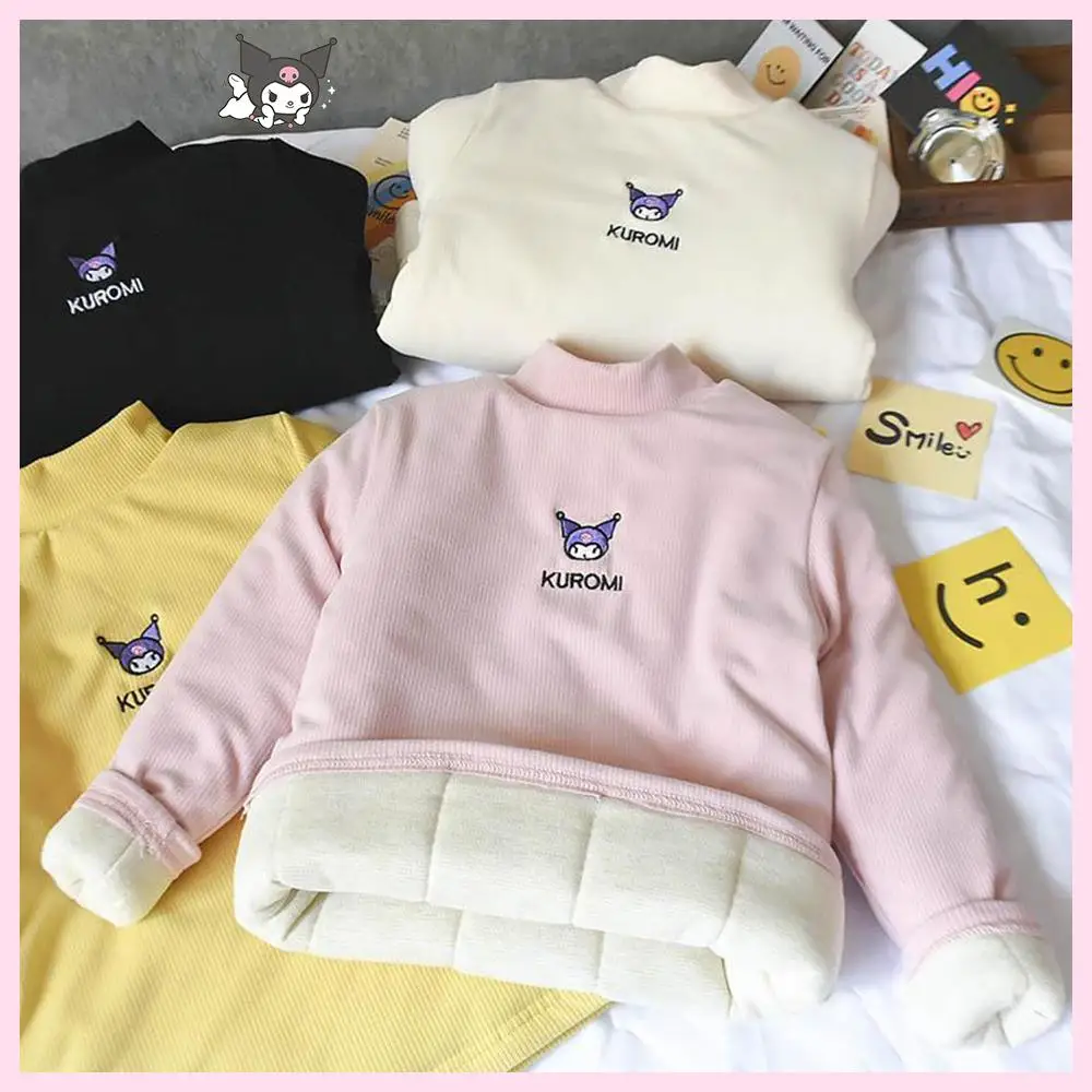 Kawaii Kuromi Kids Plush Warm Tops Anime Sanrio Winter Cute Silk Thicken Sweater Down Jacket Liner Pullover Bottom Warm Clothing