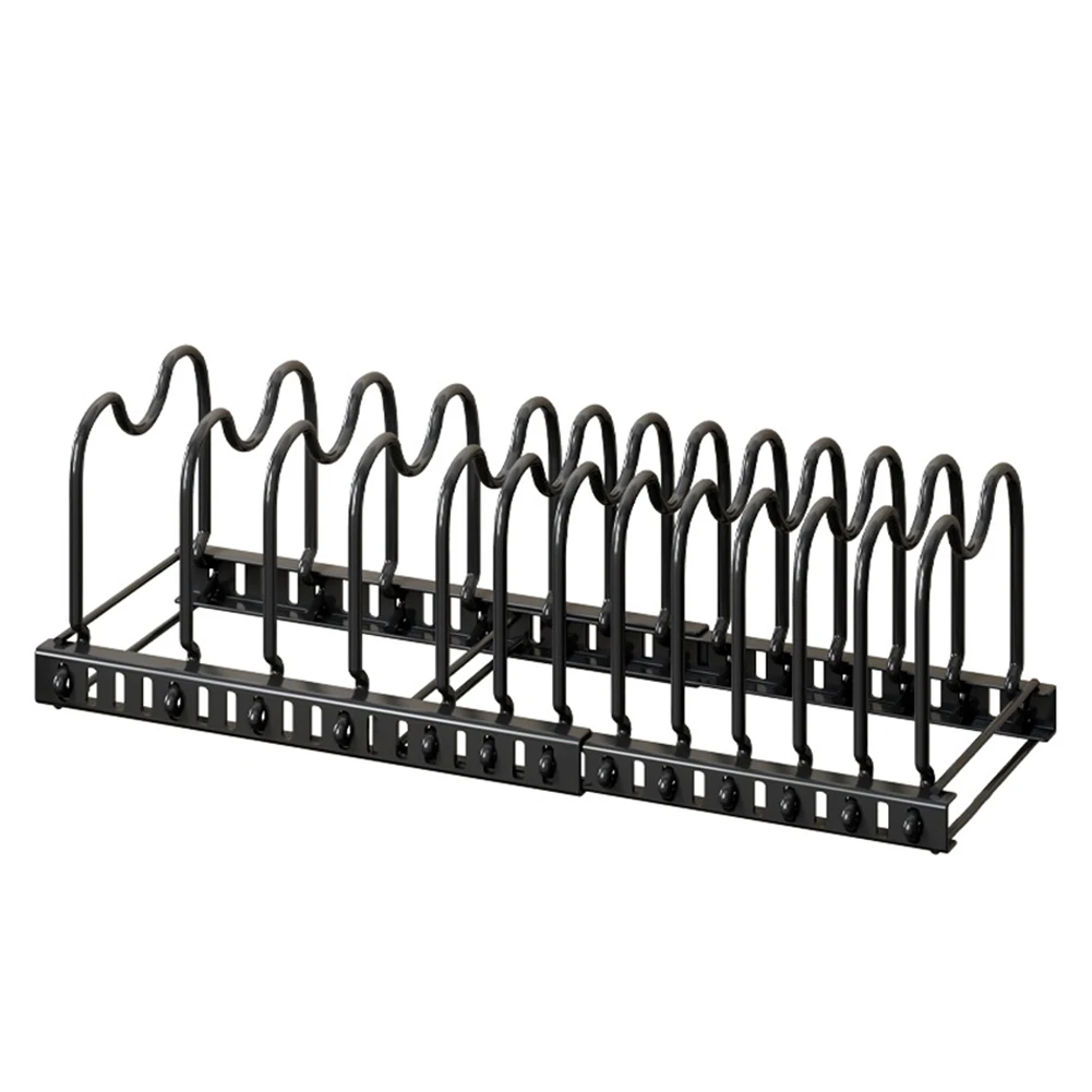 Expandable Pot And Pan Organizer Rack With 13 Adjustable Dividers For Kitchen Space Saving Storage For Plates Bowls Cookware