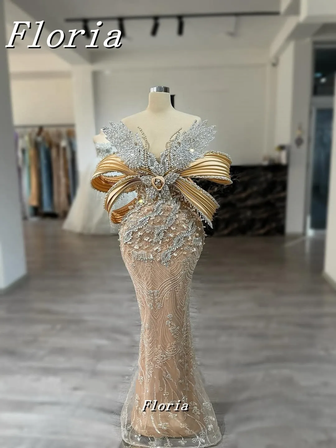

Multi-layered Crystal 3D Design Sleeves Evening Gown Fashion Formal Occasions Luxury Mermaid Pageant Dress Prom Dress Customized