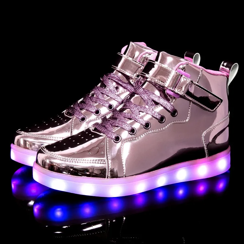 Zapatos de tablero alto para hombres y mujeres, zapatos luminosos para niños, zapatos con luz LED, zapatos de Panel de cuero con espejo, grandes 25-47