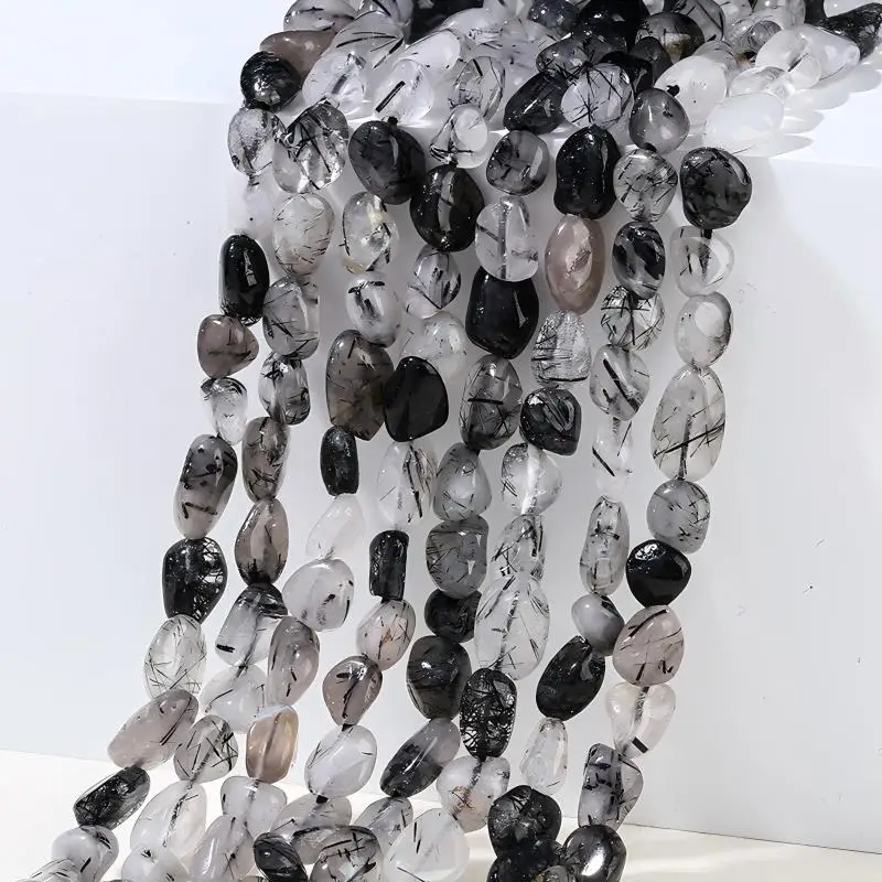 Perles ovales en pierre naturelle de Quartz rutilé noir, 6-8mm, perles d'espacement en vrac pour la fabrication de bijoux, accessoires pour colliers et bracelets