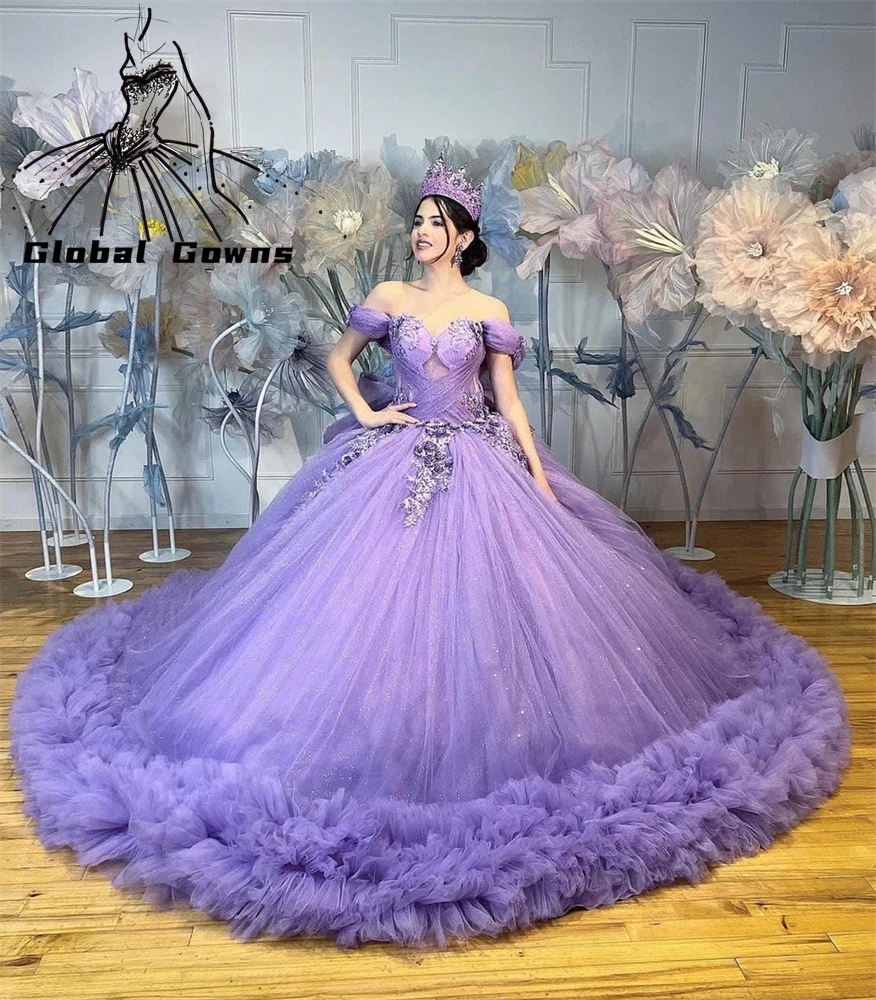 

Mexico Purple Off The Shoulder Ball Gown Quinceanera Dresses For Girls Beaded Appliques Celebrity Party Gowns Sweet 15 16 Robe