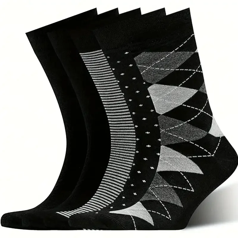 5 pairs of men's diamond-patterned mid-calf socks, soft, breathable, and sweat-wicking, classic black geometric pattern.