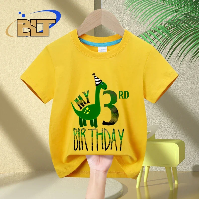 T-shirt de manga curta para crianças, top de algodão, casual, dinossauro, para aniversário, verão, 3 anos