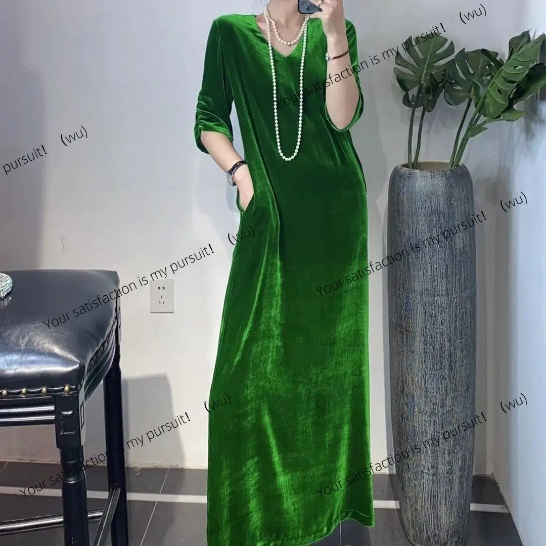 

ZOCI-2024 Весна/Лето Шелковое бархатное свободное платье с v-образным вырезом, женское платье