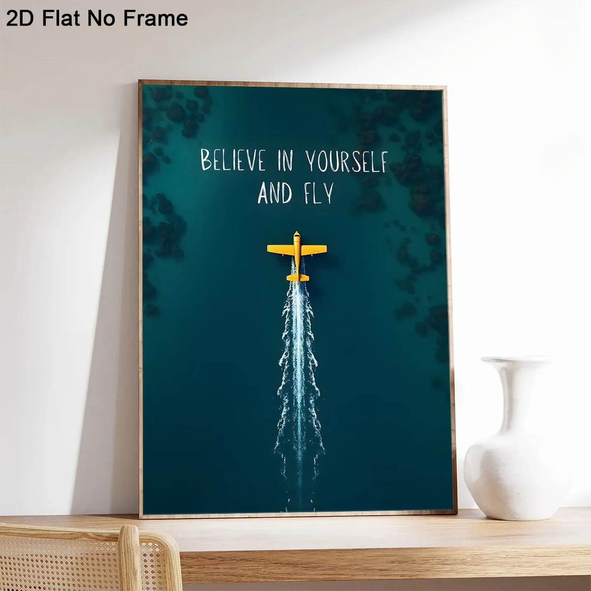 2D Flat, 2D Flat, 1pc 2D Flat Frameless Canvas Poster | Motivational Quote Believe In Yourself And Fly With A Yellow Airplane