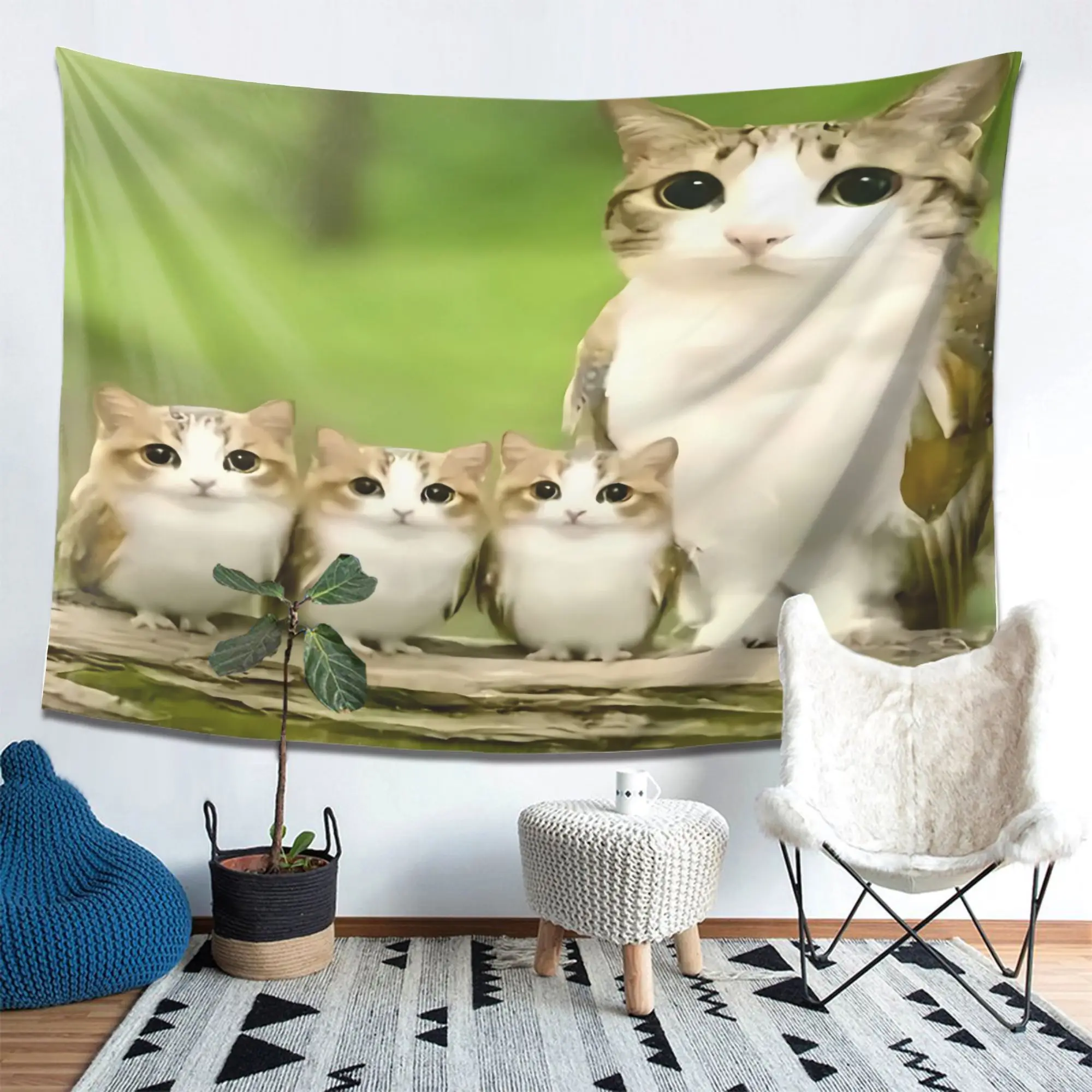 Meowl Cat Owl Funny Meme Themed Tapestry, 2D Flat Cozy Bedroom Background Peach Skin Velvet Tapestry - Soft Indoor And Outdoor