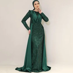 Exquisite Beading Lace Evening Dress Scoop Neck and Long Sleeves Women Straight Floor Length with Sweep Train Customized Gown