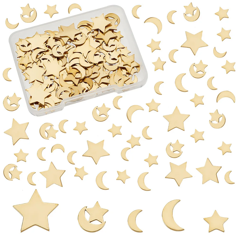 150Pcs 5Styles Moon Star Brass Cabochons Moon Pendant Metal Pendant Golden Solid Moon Star Charms for Earrings Dangles Bracelets