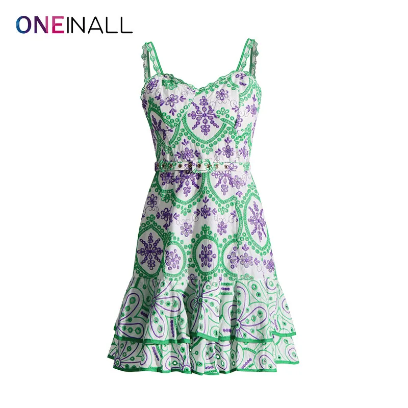 

ONEINALL Embroidery Camisole Dresses For Women Square Collar Sleeveless Backless High Waist Hollow Out Spliced Belt Dress Female