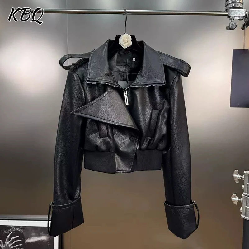 kbq-minimaliste-solide-episse-fermeture-eclair-manteaux-en-cuir-amples-pour-les-femmes-revers-a-manches-longues-conception-sens-vestes-femme-automne-style-nouveau