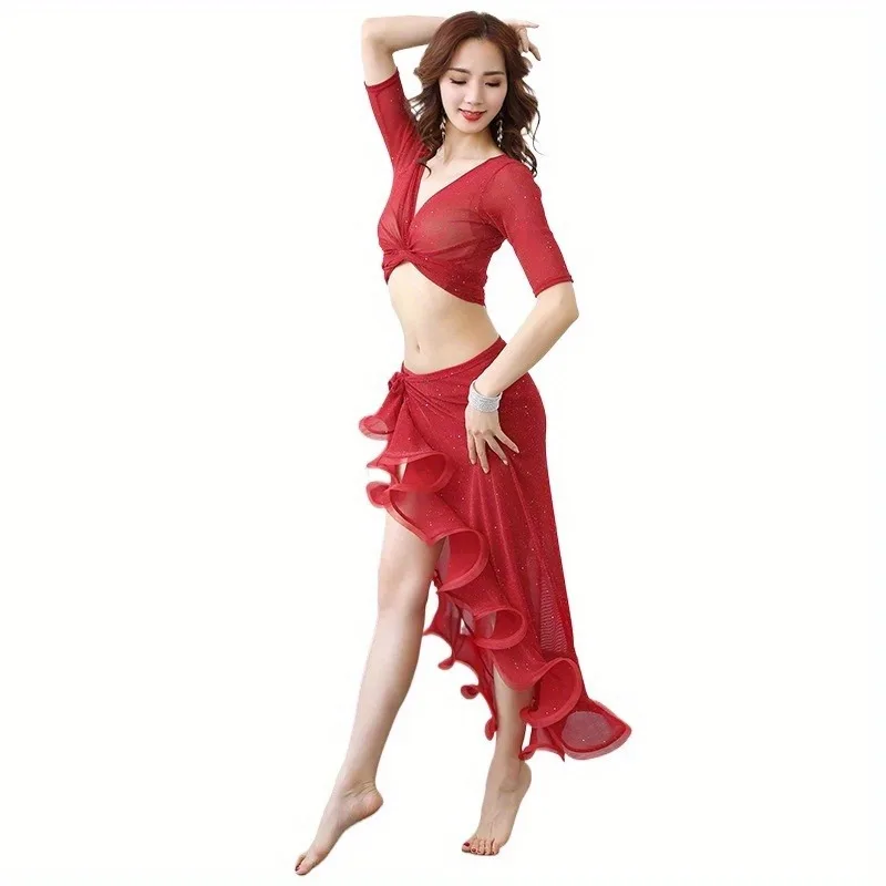 Zestaw do ćwiczeń tańca brzucha dla kobiet na wiosnę i lato 2025 - Spódnica z chustą na biodra, odzież taneczna dla dorosłych