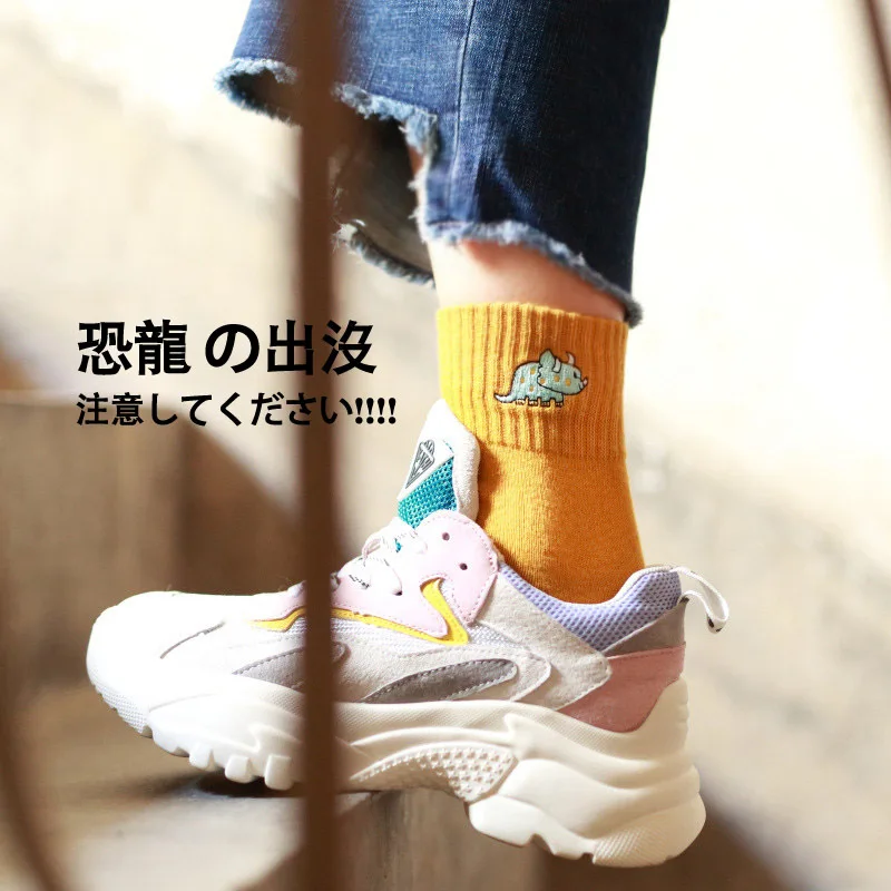 Fashion Cute Creative Dinosaur Embroidery Cotton Women Socks High Quality Cartoon Funny Monster Spring Summer Lovely Sokken