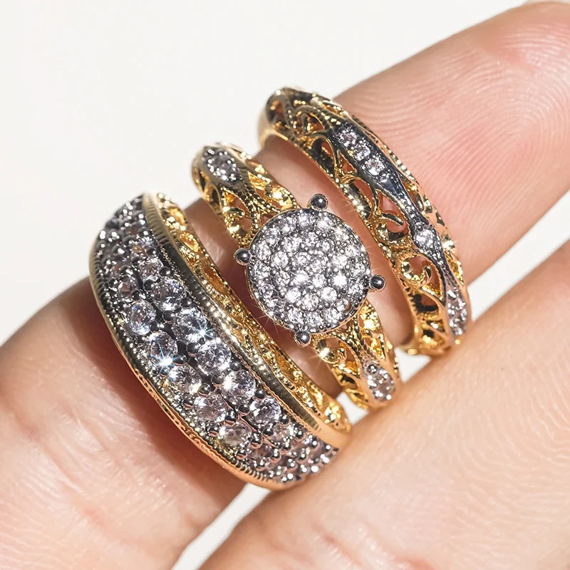 Juego de Anillos de Tres Piezas Dorados 2026 para Parejas, Modernos y Personalizados, de Dos Tonos, con Incrustaciones de Circonio Brillante, Joyería de Lujo