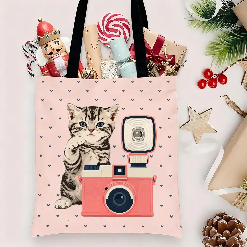 Kitten And Camera Storage Bags Canvas Tote Bag Double-Sided Print Durable Shoulder Handbag for Festival Party Gift