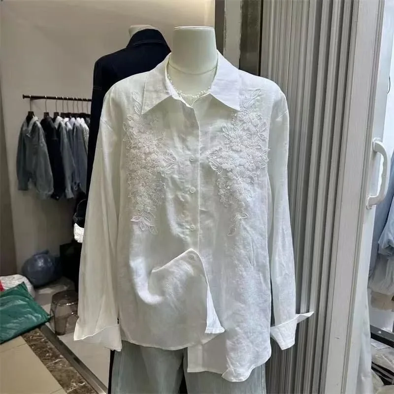 

Ladies Cotton Linen Long Sleeve Shirts Glitter Design Heavy Work Loose Fit Casual Style New Chinese Style Versatile Fashionable