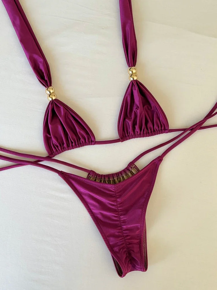 2026 Sexy Low Waisted Micro Bikini Sets Swimwear Women Swimsuit Solid Brazilian Strappy Halter Beachwear Bathing Suit biquini