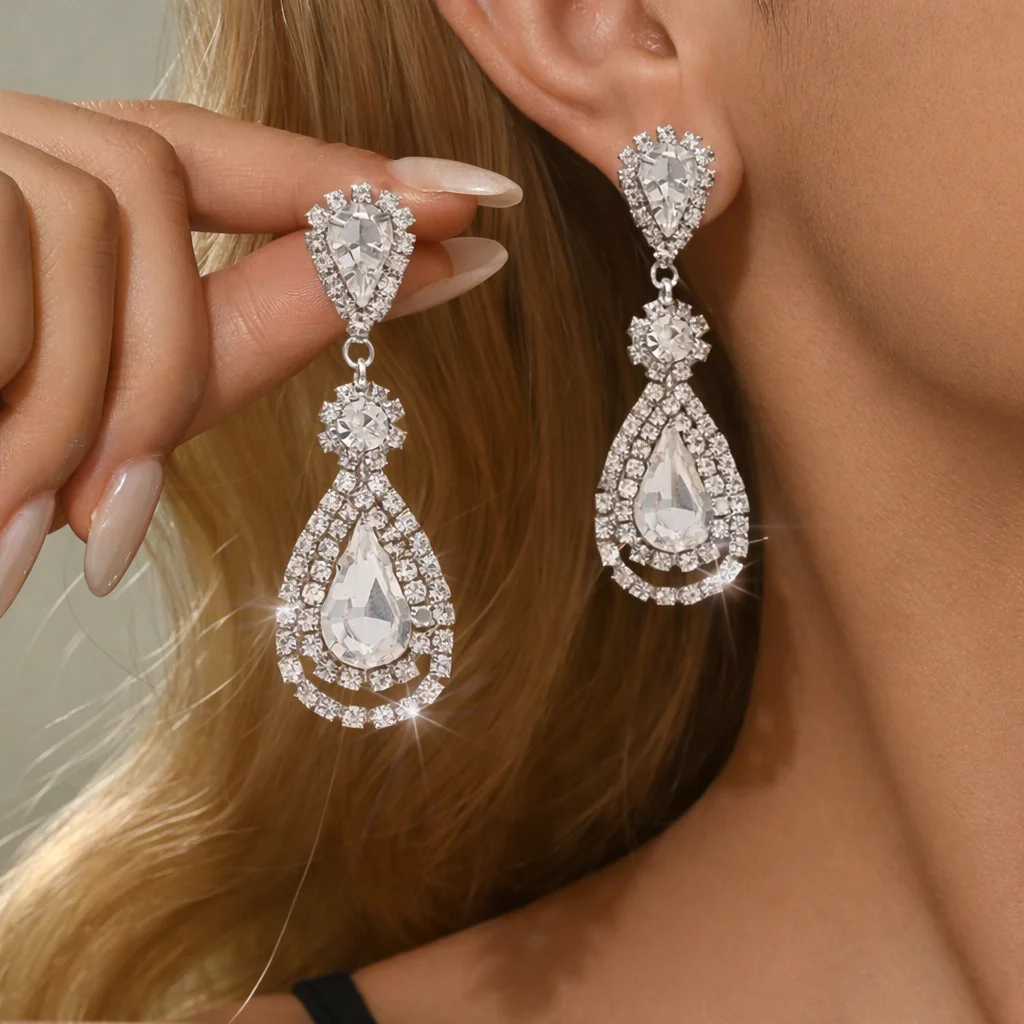 European and American Atmospheric Exquisite Diamond Studded Water Droplet Earrings, Light Luxury Temperament Wholesale