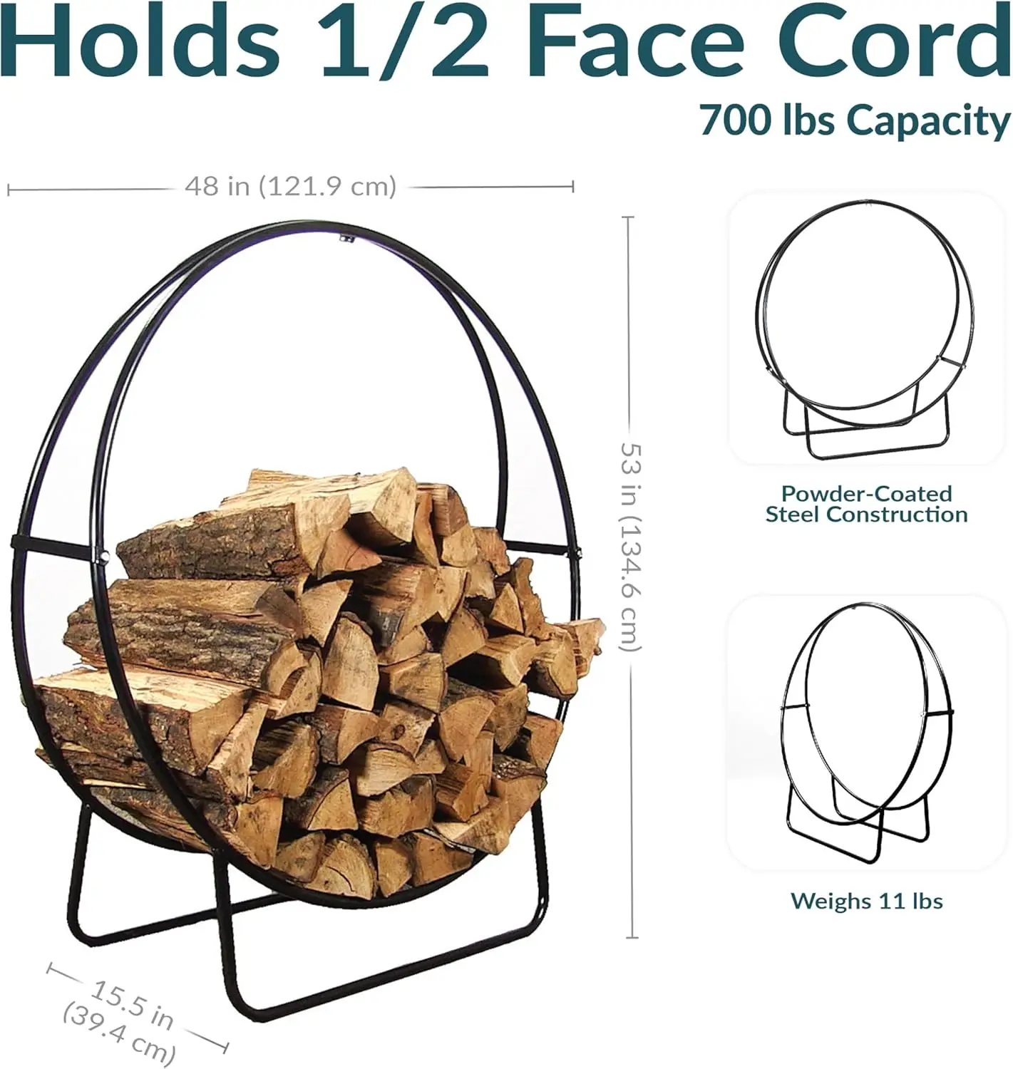 Indoor/Outdoor Firewood Holder: Tubular Steel Hoop, 700-lb Capacity, for Fireplace, Ideal for Round Wood Storage
