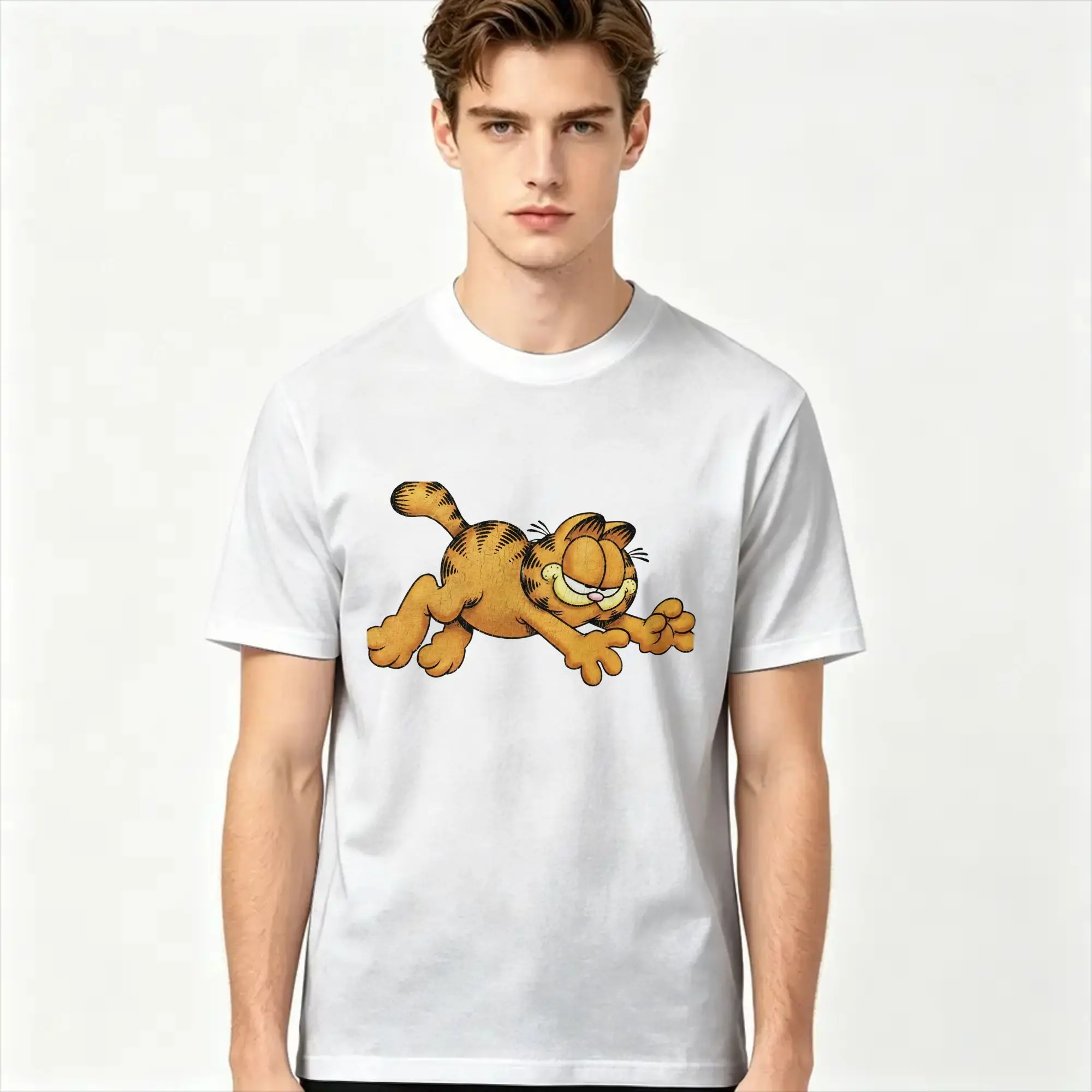 Vintage Lazy Feline T-Shirts Men Crewneck Pure Cotton T Shirt Gar-fields Short Sleeve Tee Shirt Summer Clothes