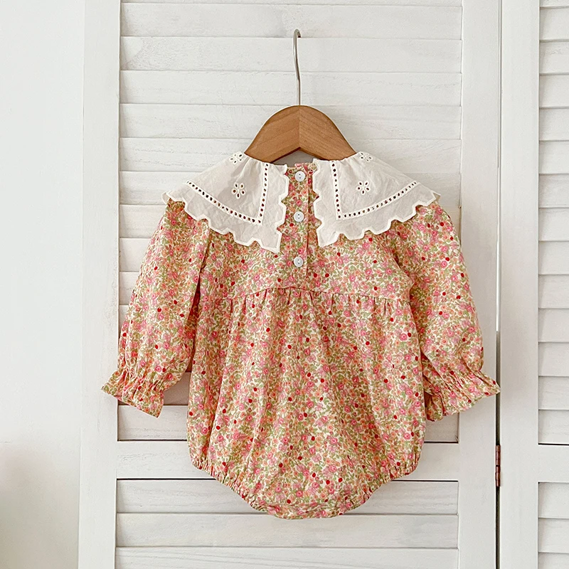 New Baby Girls Romper Autumn Newborn Clothing Infant Big Lapel Pink Floral Rompers Princess Kids Onepiece Fashion Baby Clothing