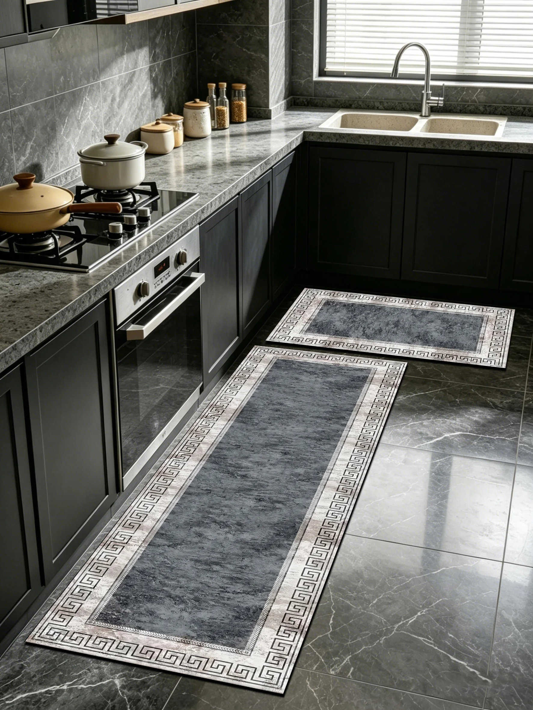 Vintage Marble Texture Chinese Return Pattern Doormat, Washable Stain Resistant Rug For Kitchen Shower Room