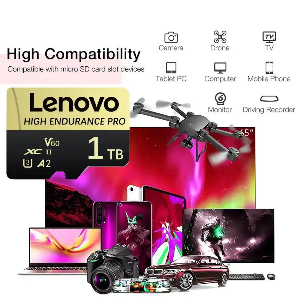 بطاقة MicroSD لينوفو 2 تيرابايت 1 تيرابايت 128 جيجابايت مع محول مقاوم للصدمات ومقاوم للمغناطيس لكاميرا داشكام/كاميرا الأمن - تسجيل حلقي جاهز