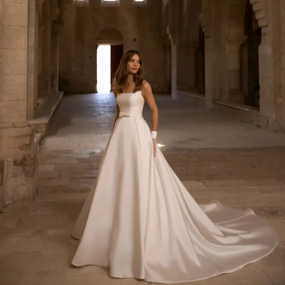 Eleganti abiti da sposa senza maniche con collo quadrato con fiocco semplici abiti da sposa avorio con strascico per donna nuovo Vestido De Novia