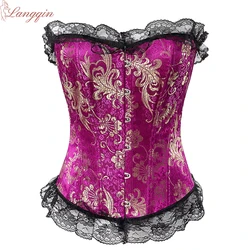 Plus Size Body Shaper Lace Up Victorian Corselet Overbust Satin Corset Top Floral Lingerie Sexy Bustier